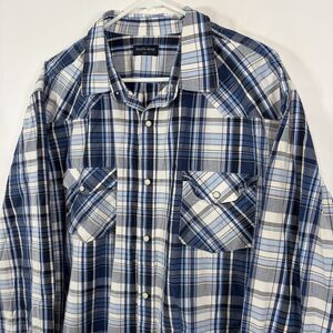 Double Pump Pearl Snap Western Shirt Mens Size 2XL XXL Blue Plaid Long Sleeve